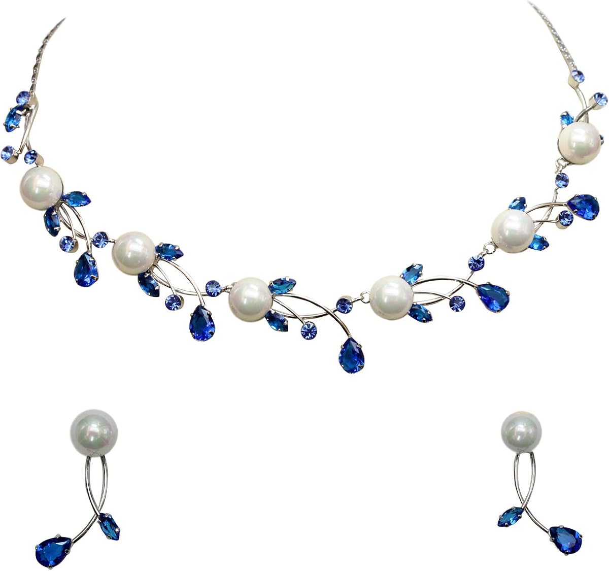 Faship Genuine 10mm Freshwater Pearls Floral Necklace Earrings Set | Premium CZ Crystal, Gorgeous, Sparkling
