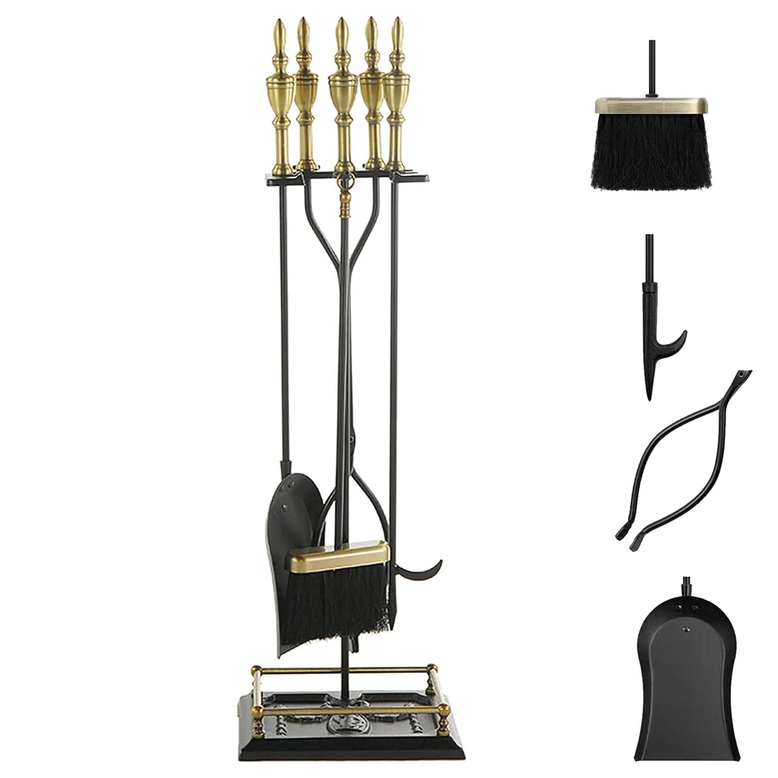 Set Attrezzi per Camino 5 Pezzi, Base con Attizzatoio, Pinza, Paletta E Scopa,Metallo,Strumenti per Camino in Ferro Battuto Nero E Accessori per Caminetto per Interni,Ottone,31.8in