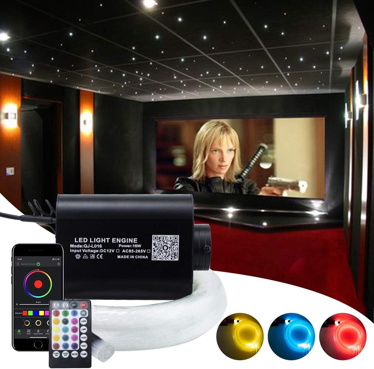 16W Car Home APP+Music Activated Fiber Optic Star Ceiling Light Kit, RGBW Bluetooth LED Light Engine+28Keys Remote+Cables [300pcs*0.75mm*2m], Create Atmosphere Full of Romantic and Rhythm