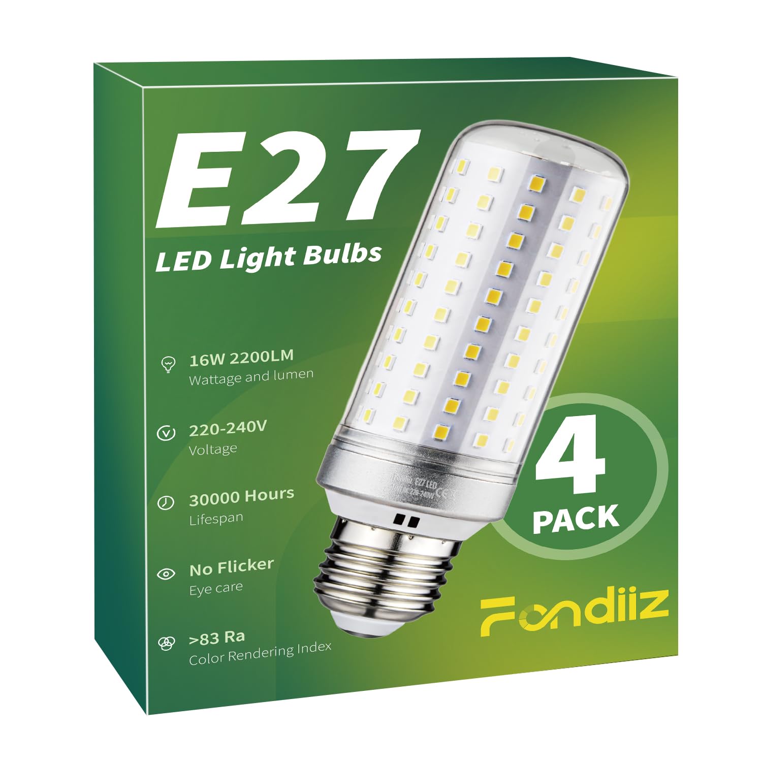 Fondiiz E27 LED Kaltweiss 6000K, 16W 2200LM Extra Hell Glühbirne E27 Entspricht 200W Halogenlampe, Energiesparlampe E27 LED Birne 230V, Leuchtmittel E27 LED Maiskolben Nicht Dimmbar, 4er Pack