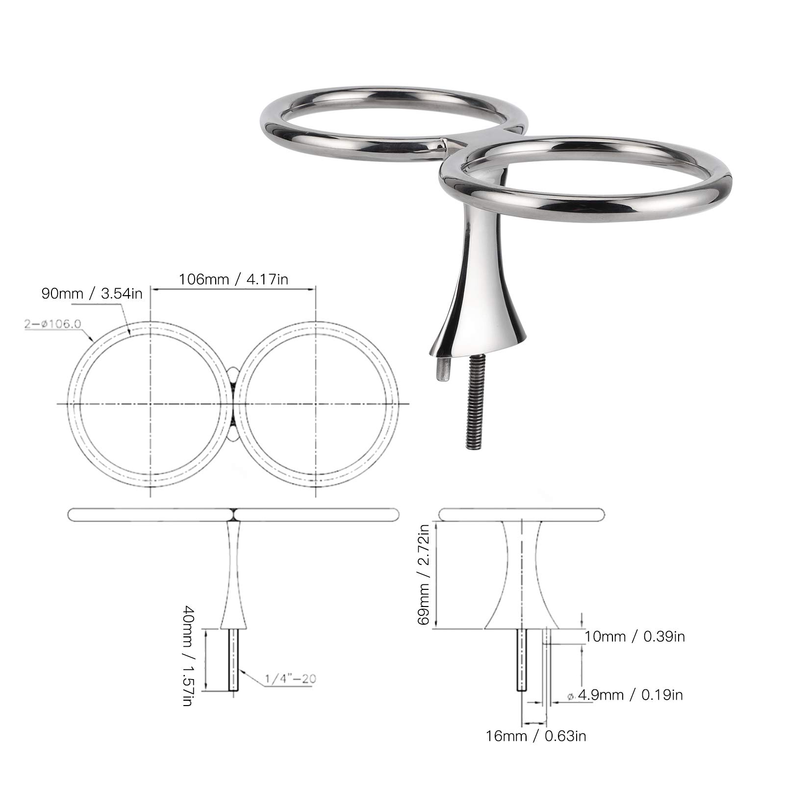 Porte-gobelet à double anneau en acier inoxydable 316 pour bateau, yacht, voiture, camping-car