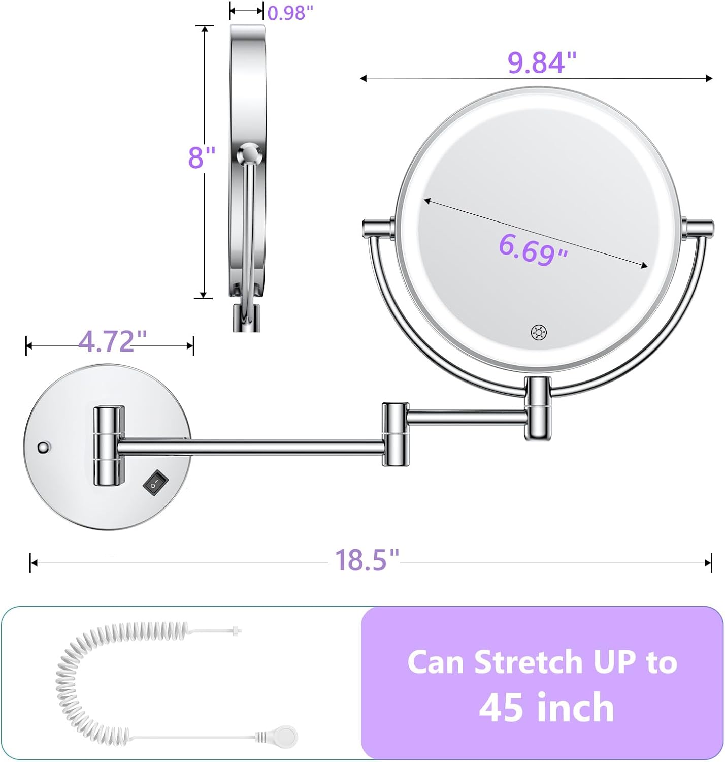 Wall Mounted Makeup Mirror with Lights, 30X/1X Double-Sided Magnifying, Plug-in Lighted Vanity Mirror with 3 Color Modes, Dimmable Brightness, 360° Swivel Extendable Arm for Bathroom & Grooming - Image 6