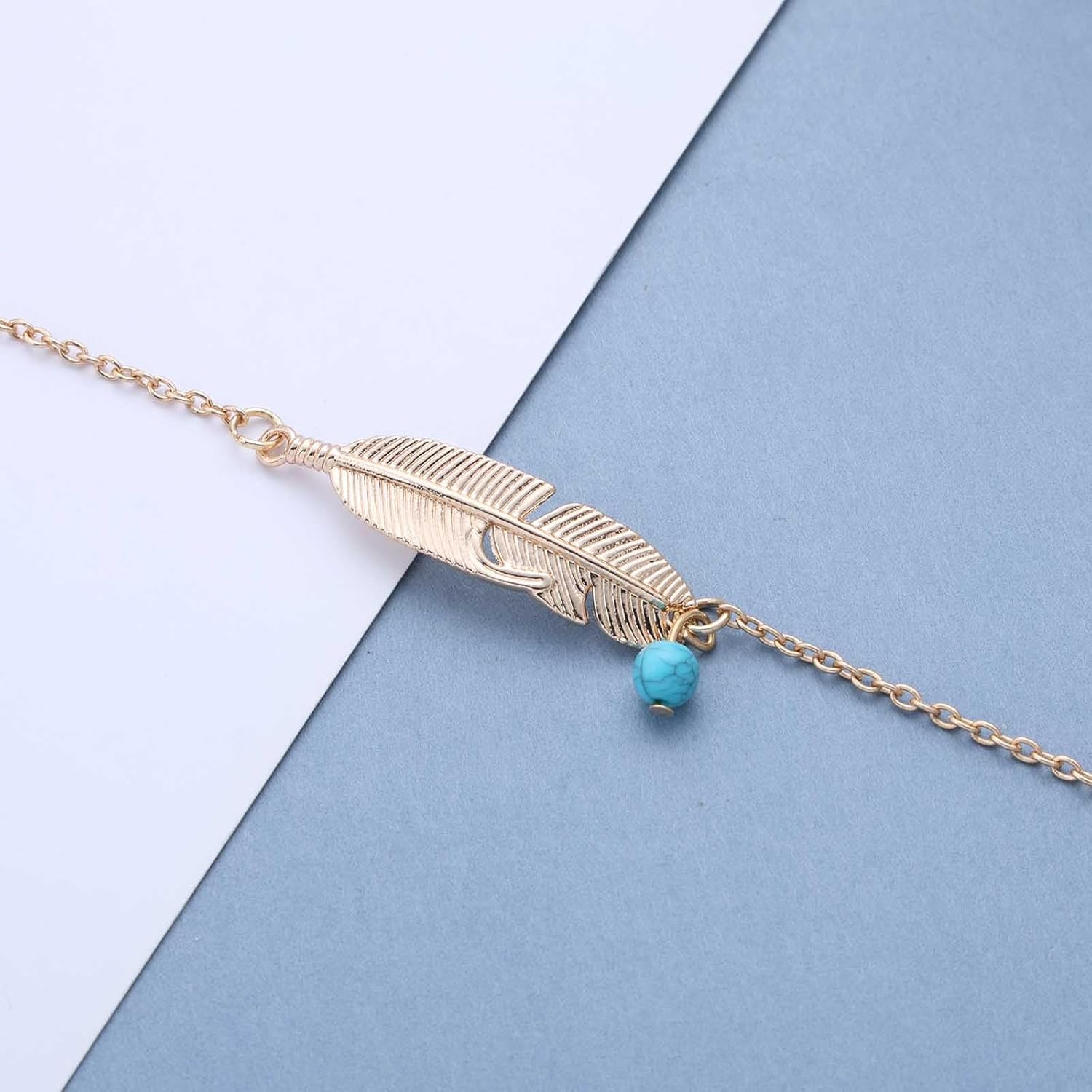 Boho Feather Ankle Bracelet Gold Leaf Feather Ankle Chain Vintage Round Turquoise Bead Foot Chain Summer Beach Link Bracelet Accessories for Women - Image 7