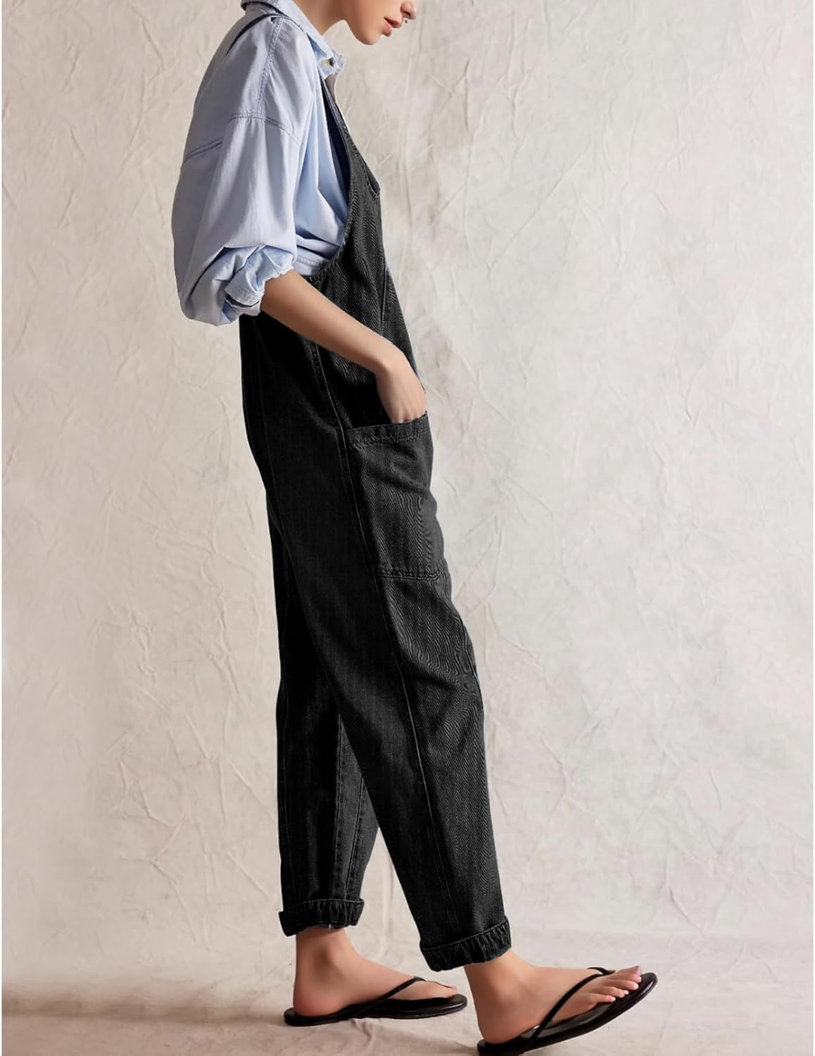 Denim Overalls for Women Loose Fit Sleeveless V Neck Adjustable Straps Jean Pants Jumpsuits Summer Rompers with Pockets - Image 3