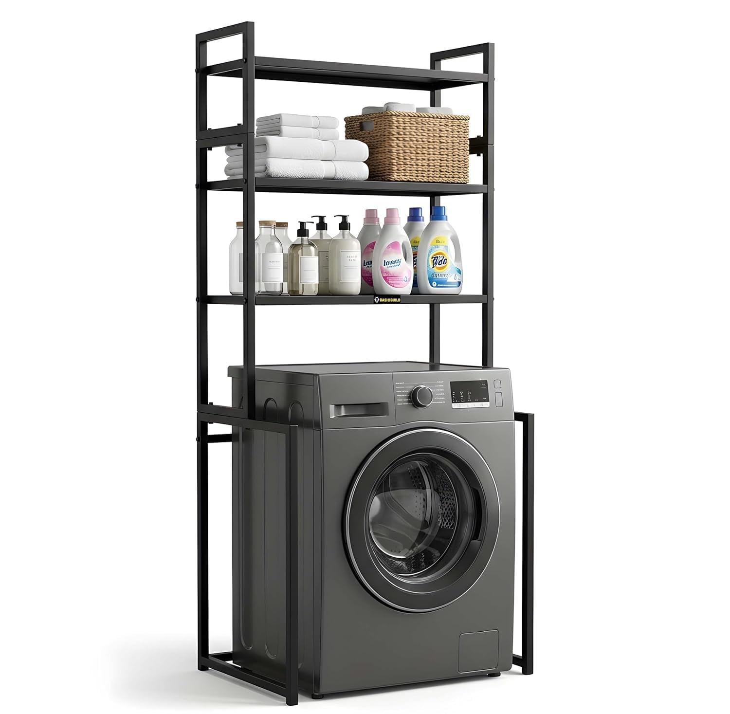 Basic Build Heavy Duty Washing Machine Stand with Storage Shelves Multi-Purpose Front Load Machine Rack for Bathroom & Laundry Room Metal Over Washer Organizer Shelf (Black)-picture-14