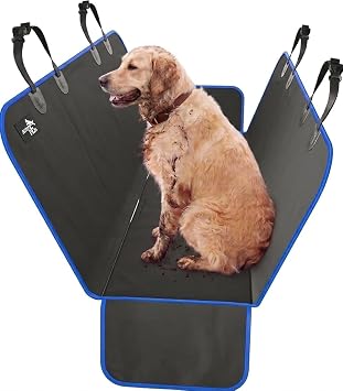 Active Pets Waterproof Hammock Standard Car Seat Cover, Fits Sedans Hatchbacks Crossovers Coupes Compact Vehicles, Secure Convertible Travel Bed Protects Backseat Cargo from Dogs, Black w/Blue Trim