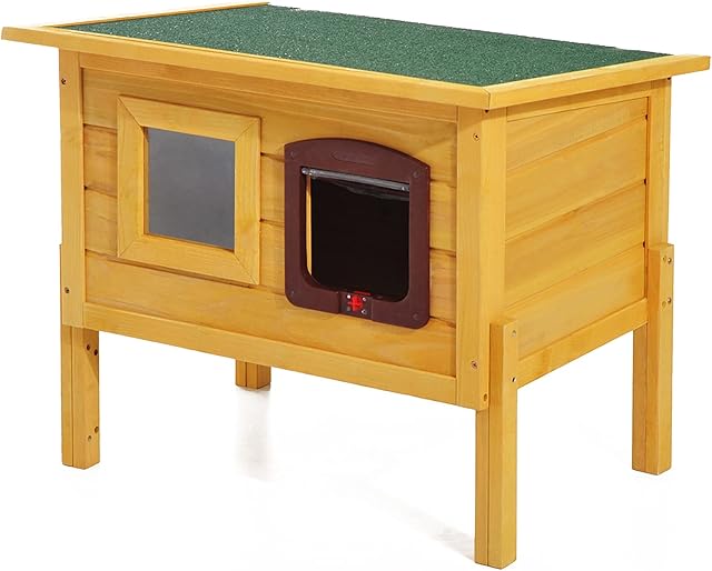 PawHut Garden Wooden Cat House Outdoor Pet Play Home Water-resistant Roof Kitty Shelter Kennel w/ith Door & Window