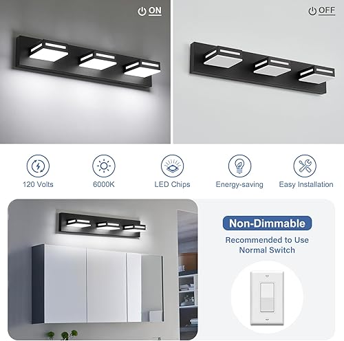 Miniatura 3 de Lámparas LED modernas para tocador (3 lámparas, 24 pulgadas), accesorios de iluminación para pared de baño acrílico negro mate sobre espejo (blanco