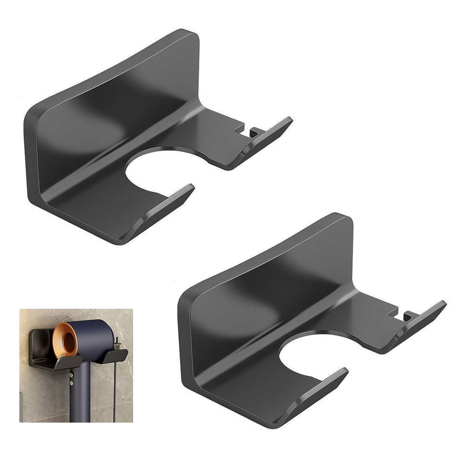 2 Porta Asciugacapelli Da Parete Senza Foratura - Supporto Adesivo Per Phon, Nero, PVC