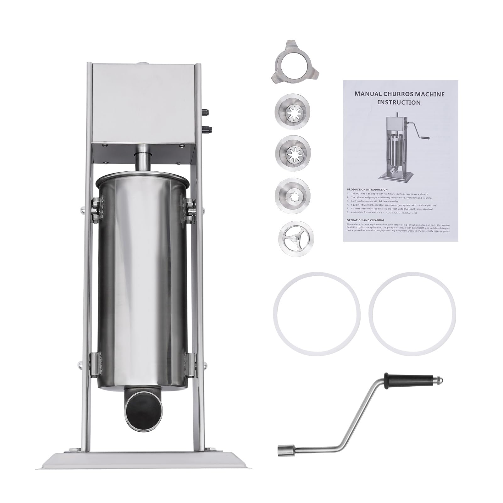 Machine à churros manuelle professionnelle de 5 l - Équipement de collation multifonction - En acier inoxydable - Avec 4 buses (3 formes différentes) - Pour un usage professionnel ou privé