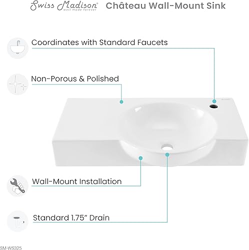 Miniatura 6 de Swiss Madison Well Made Forever SM-WS326 Château 30" grifo lateral izquierdo montaje en pared fregadero de baño, blanco brillante