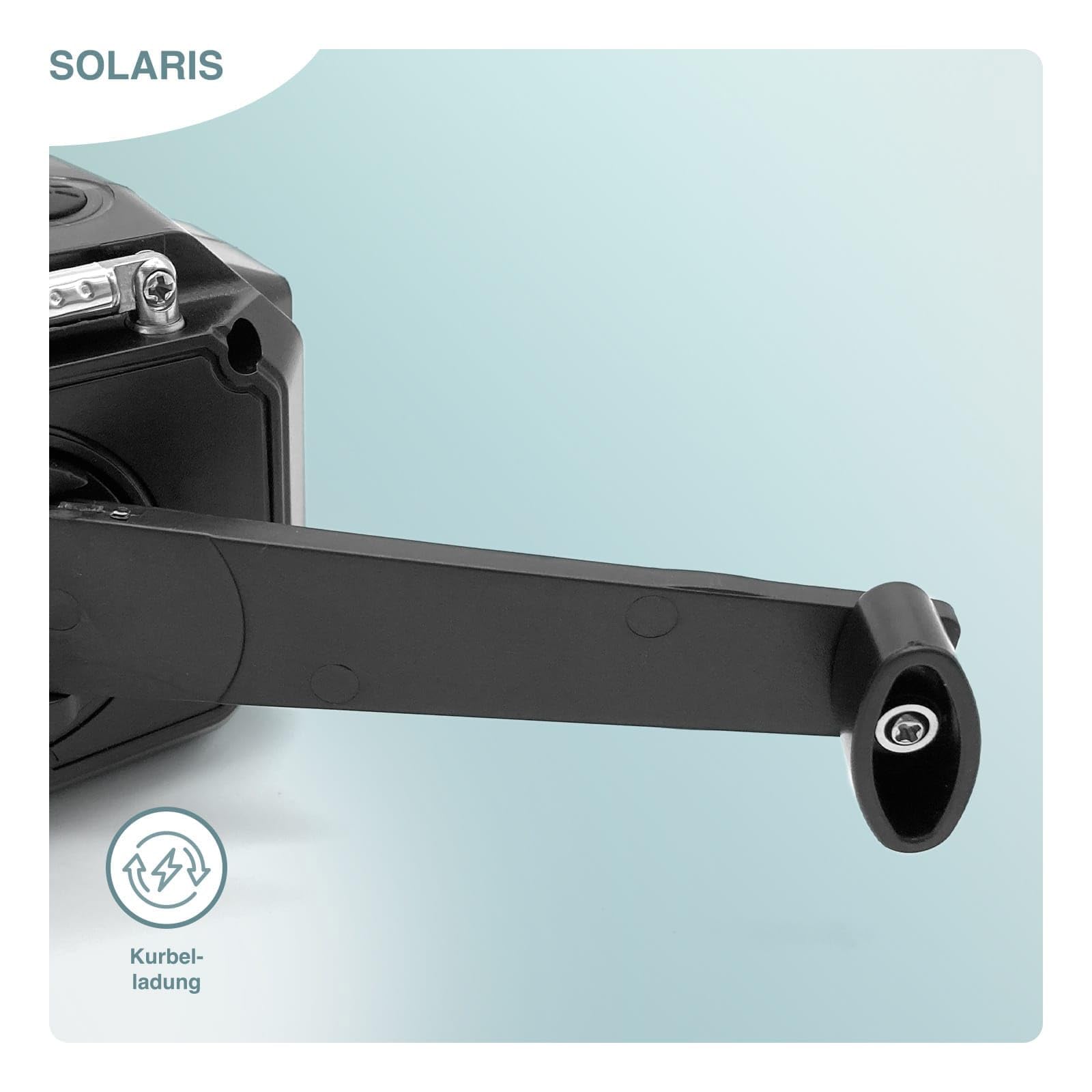 SOLARIS Tragbarer Kurbelradio mit integrierter Taschenlampe, Solarpanel und Handkurbel-Ladefunktion.