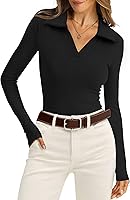 WIHOLL Women's Long Sleeve Polo Shirts Business Casual Ribbed Knit Sweaters Collared V-Neck Slim Fit Blouses