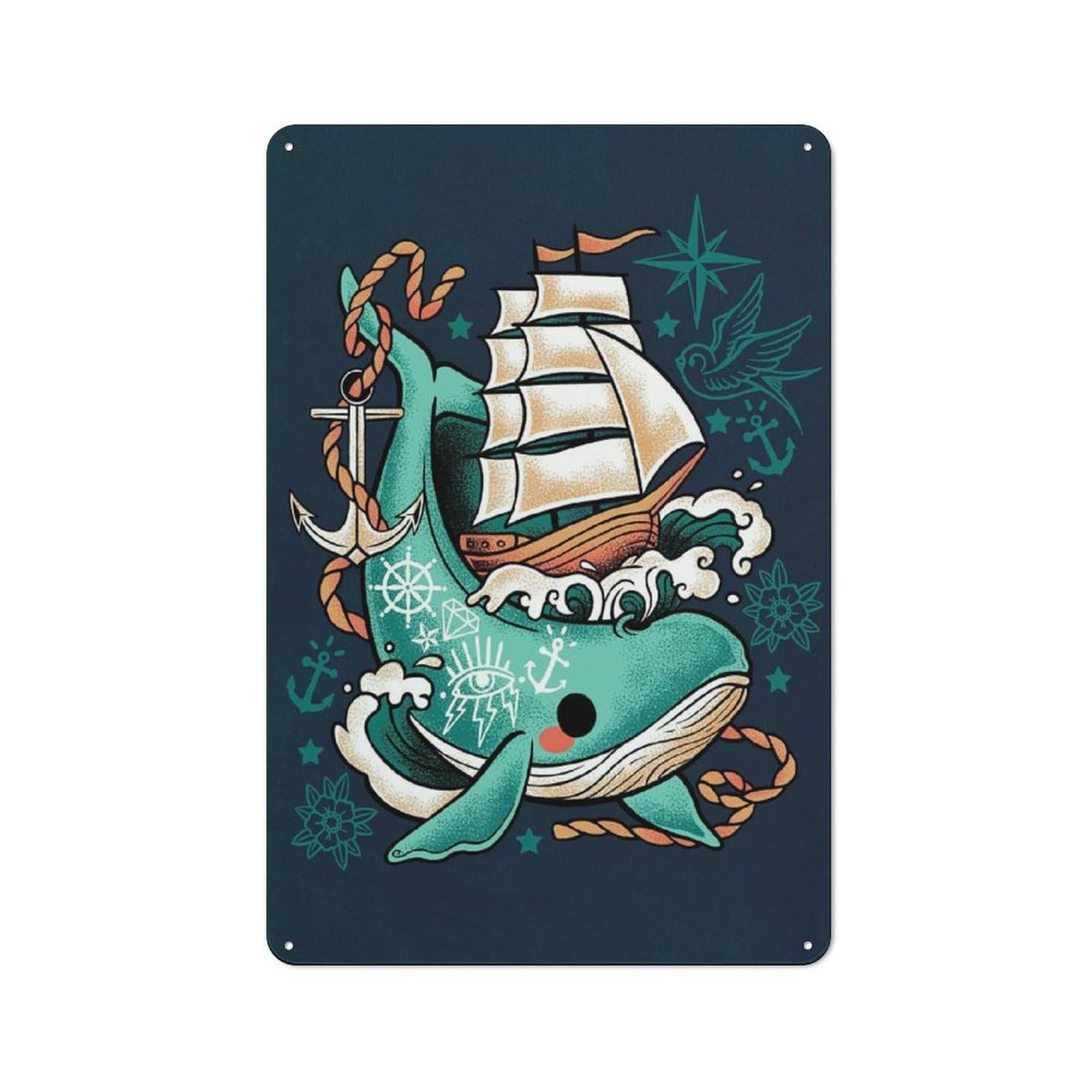 Junmoney Whale Ship Tattoo Casual Metal Wall Decor 30X20cm, Tin Sign For Greenhouse, Garden Room, Cafe Or Entryway