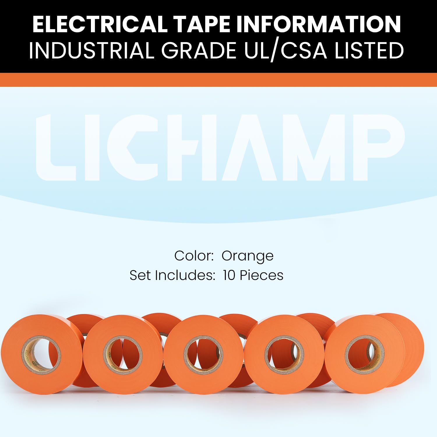 Lichamp 10 cintas aislantes impermeables de grado industrial UL/CSA (1,9 cm x 20 m), color naranja