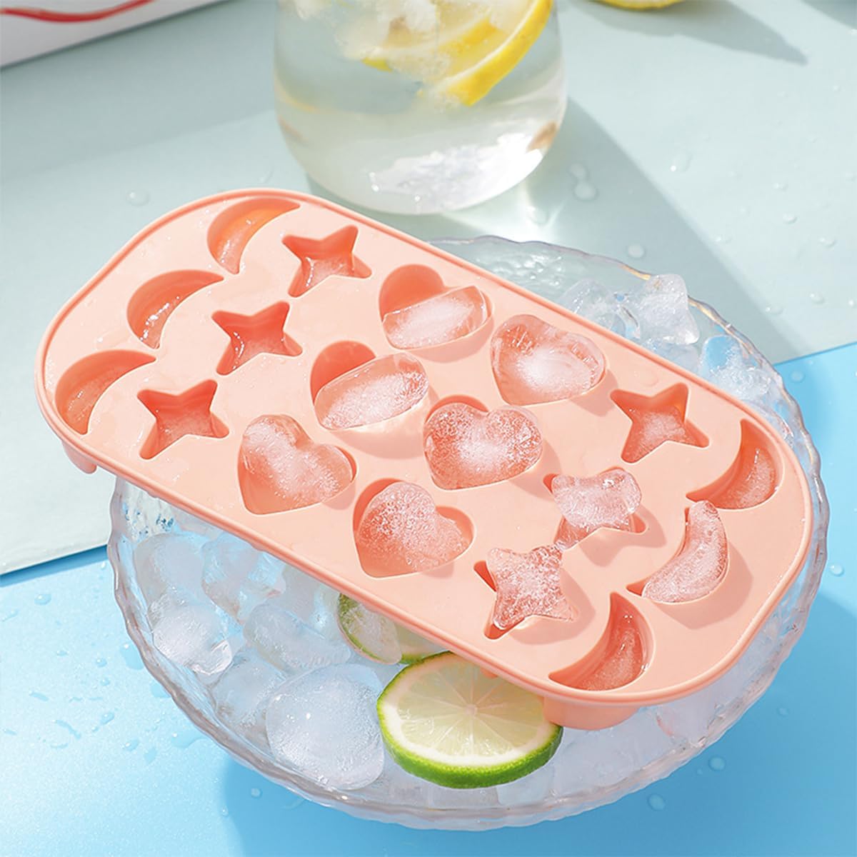 2 Pcs Silicone Ice Cube Trays, Moon, Star and Heart Shapes with Lids