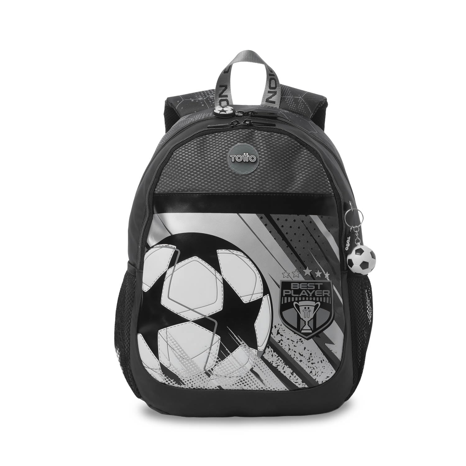 TOTTO - Mochila Escolar, Modelo Champion M, Mochila Mediana, Capacidad 18 L, Compartimento Delantero, Bolsillos Botella, Organizador Interno, Correas Acolchadas, Resistente y Duradera, Estampado Negro