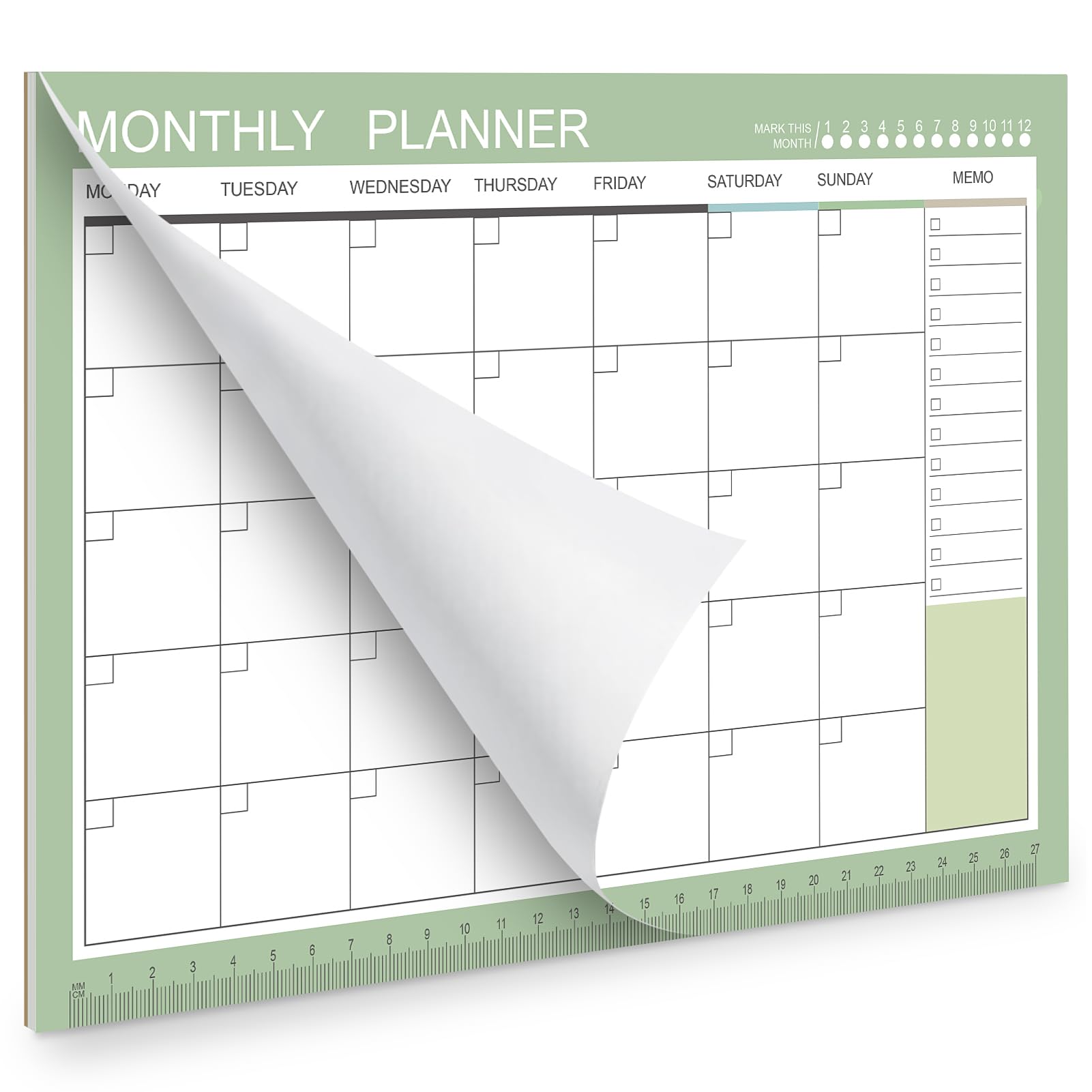 Phyxin Agenda sin fecha, calendario en blanco de 54 hojas, calendario mensual de 11.2 x 8.3 pulgadas, planificador mensual sin fecha con notas para mujeres, estudiantes, profesores, verde morandi