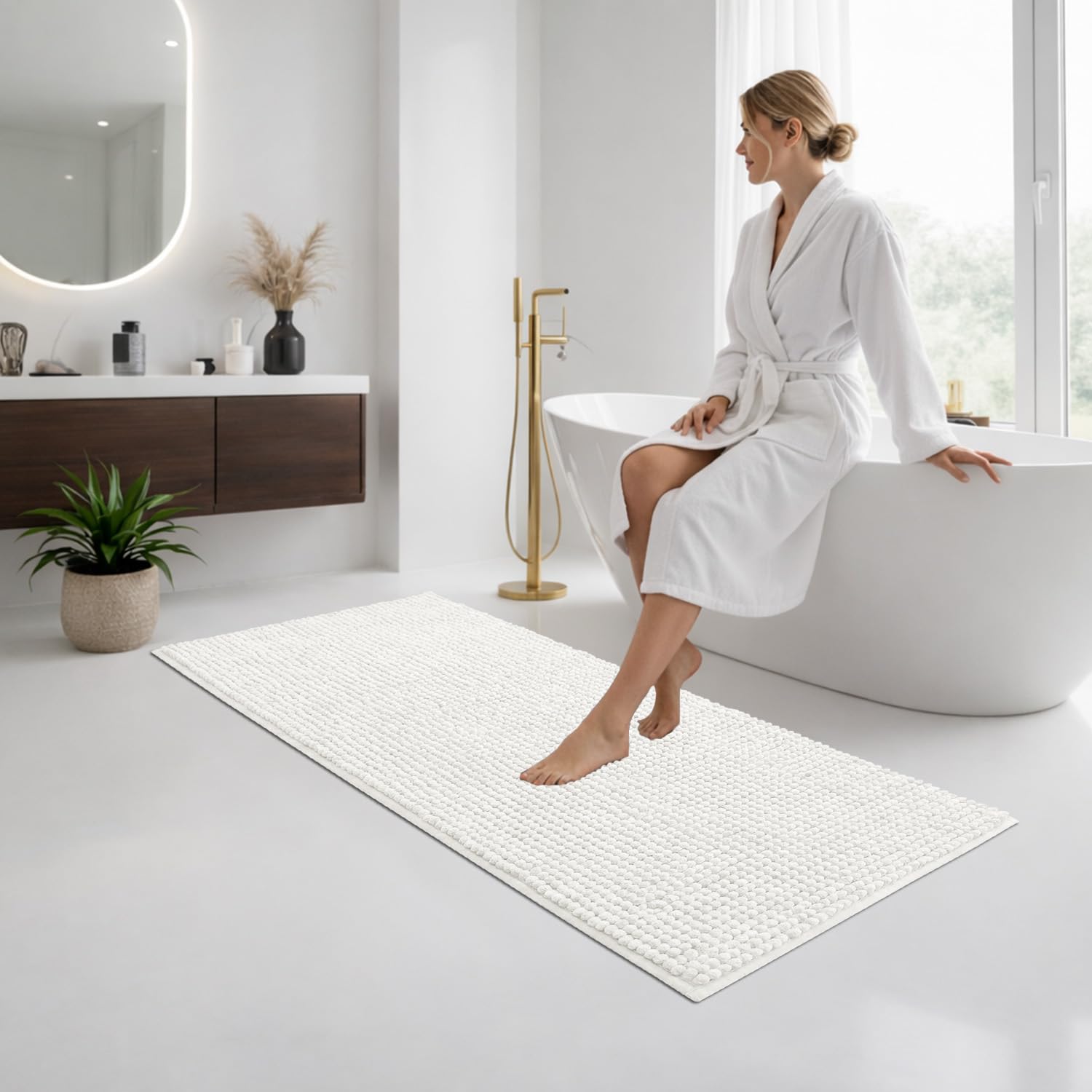 Moonlight Bedding Bath Mat Non Slip Anti Mould - Chenille Shower Mat White 60x90 cm Super Absorbent Bathroom Mat Machine Washable Extra Soft Fluffy Bathmat โ image 1