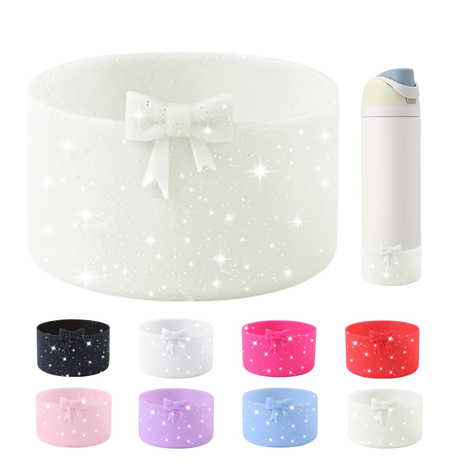 YAYAYOUNG Glitter Bow Silicone Boot for Owala 32oz Water Bottle,Anti-Slip Protective Sleeve Bottom Bumper Protector for FreeSip, Twist, and Flip Stainless Steel Water Bottles Accessories-Beige