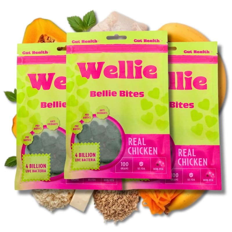 Image of Wellie Bellie Bites Probiotic Dog Treats | Real Chicken Flavor | Prebiotics & Probiotics for Gut Health & Immune Support | 4 Billion CFU | Helps Reduce Gas, Bloating & Bad Breath | 100g x 3