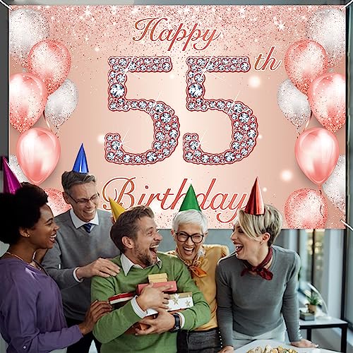 Image of Happy 55th Birthday Rose Gold Banner Cheers to 55 Years Old Backdrop Confetti Balloons Theme Decor for Women 55 Years Old Pink Birthday Party Decorations Bday Supplies Background Favors Gift Glitter