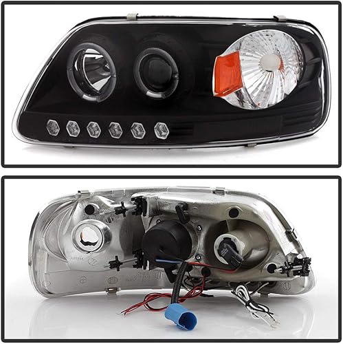 Miniatura 2 de ACANII - Para Ford F150 1997-2003 1997-2002 Expedition Black LED Dual Halo Ring Proyector Faros Faros Delanteros Izquierdo+Derecha