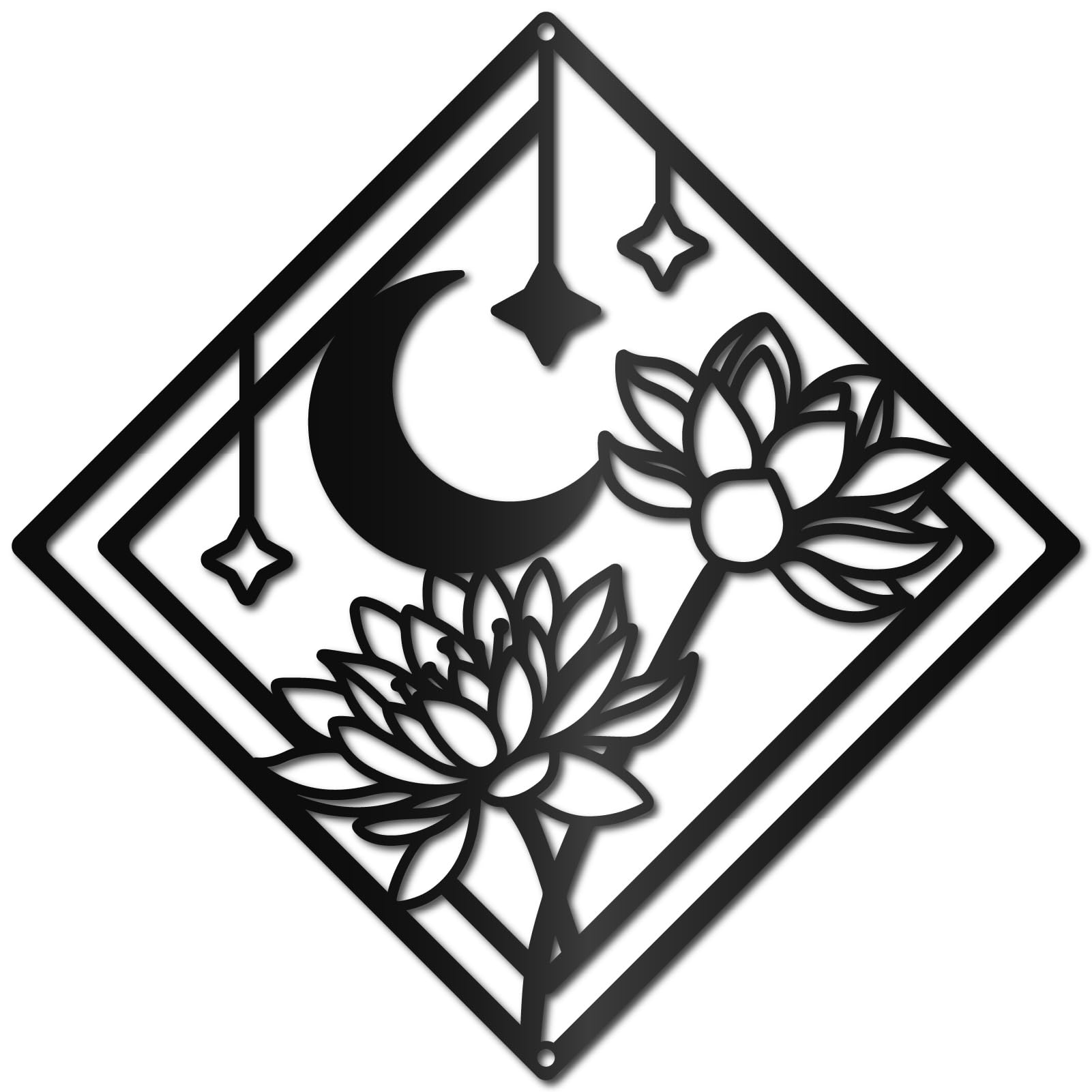 CREATCABIN Metal Lotus Wall Decor Black Moon Wall Art Flower Stars Square Sculptures Wall Hanging Decor for Modern Home Yoga Spa Meditation Office