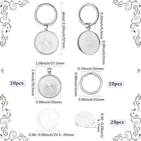 1 Box 20 Set Keychain Making Kit Cabochon Charm Bezel Blanks Silver Metal Alloy Glass Round Basic Iron Split Key Rings Trays Set Charm for Jewelry Making Charms Necklace DIY Craft Supplies
