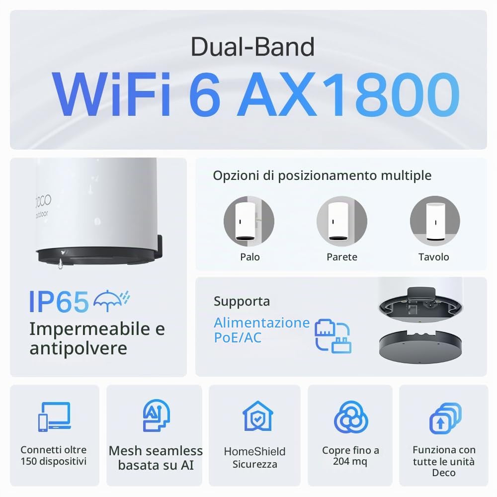TP-Link X20-Outdoor AX1800 - Unità di espansione Wi-Fi 6 a doppia banda Wi-Fi esterna in rete | Fino a 2.200 m² | 2 porte PoE+ Gigabit, impermeabile | HomeShield | 3 opzioni di montaggio | Sicuro da