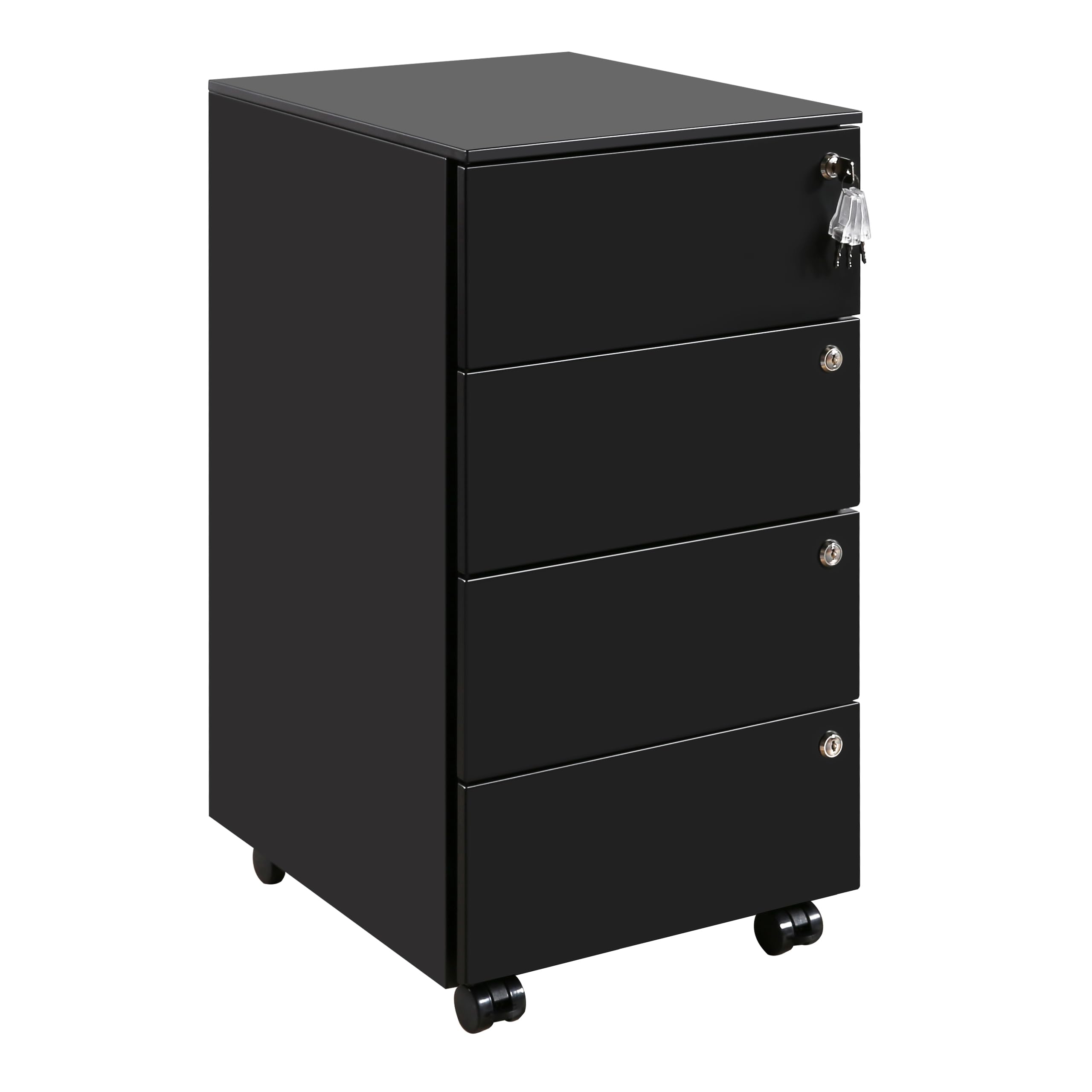 Rollcontainer mit Schubladen, Mobiler Aktenschrank unter Schreibtisch, Abschließbarer Büroschrank, Druckertisch, 4 Schubladen 4 Schlüssel, Vormontiert, Büro, Homeoffice, Schwarz