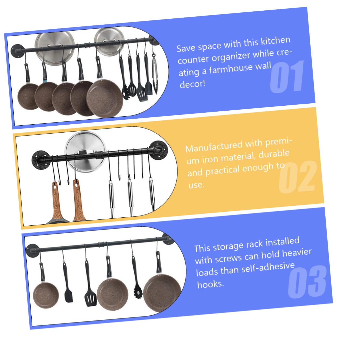 BESTYASH Porta Pentole in Ferro Nero, Rack da Parete con Gancio | Montaggio a Muro, per Cucina e Bagno, Supporto per Coperchi e Asciugamani, Design Salvaspazio