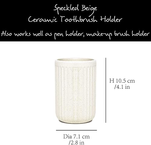 Vista 5 de Soporte para cepillo de dientes de cerámica moteado beige, vaso cilíndrico ondulado para encimera de baño, soporte para brochas de maquillaje, Beige
