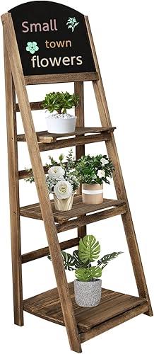 Babion Estante de escalera, estantería de escalera de 3 niveles con pizarra, estantería de escalera rústica de madera, estante organizador de