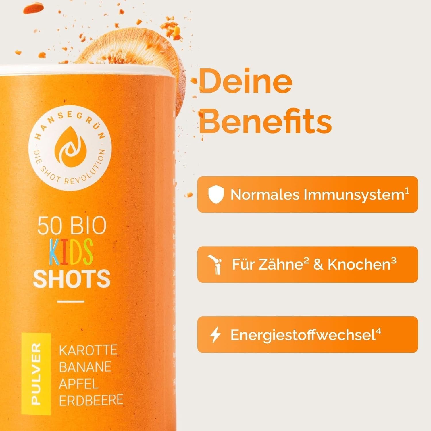Hansegrün - Bio Kids Shots (50 Stk.) - Täglicher Allrounder für das Immunsystem¹, Zähne² & Knochen³ - Superfood-Pulver mit Gemüse, Früchten & Beeren - 100% echte Zutaten zur täglichen Zubereitung