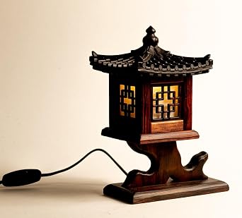 Antique Alive Traditional Korean Wood Lamp | Handmade Asian Oriental Table Lantern | Bedside Bedroom Accent Light | Unique Gift Idea | Pagoda Design (Brown) (Rock Temple)