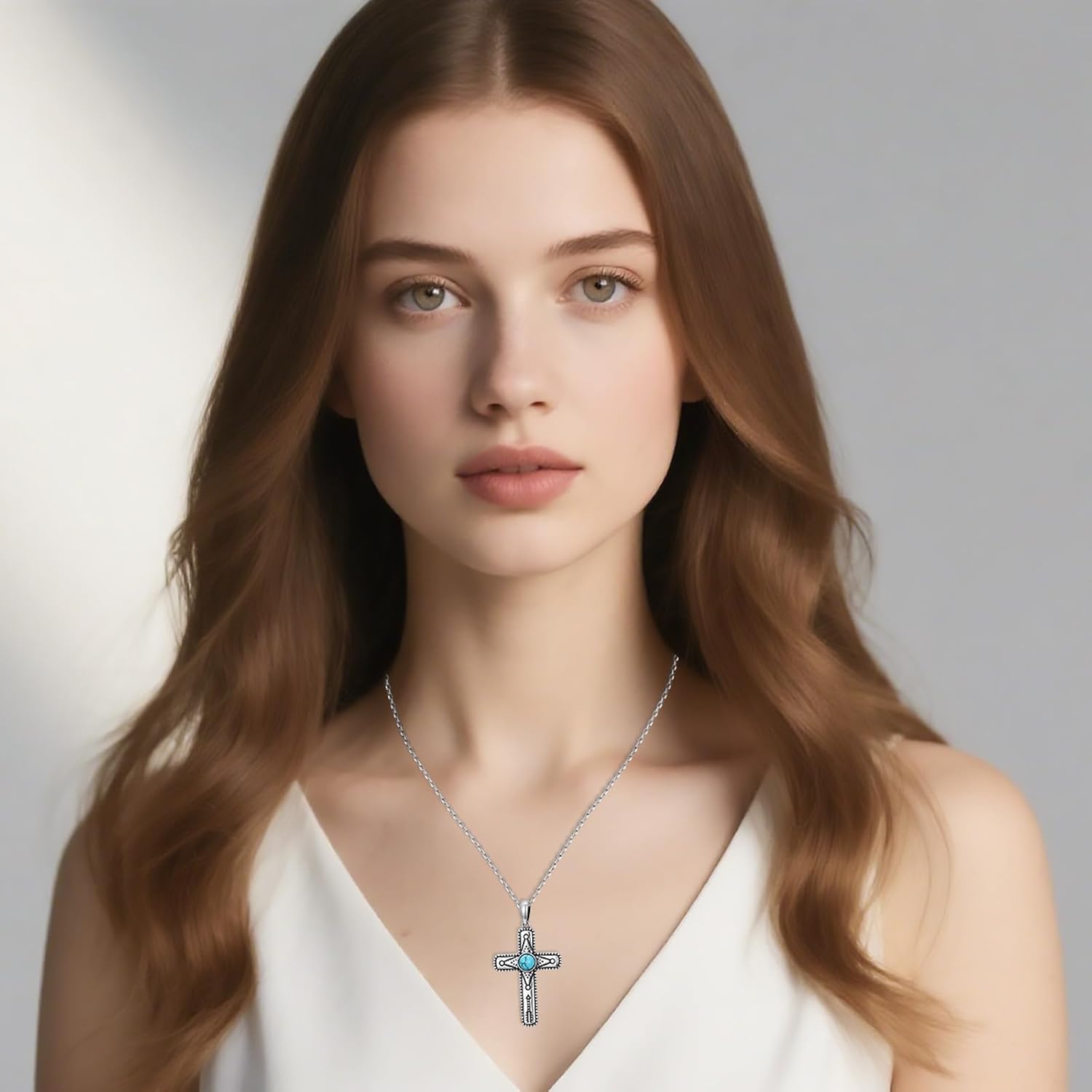 Turquoise Cross Pendant Necklace Turquoise Necklace 925 Sterling Silver Western Jewelry for Women Birthday Gifts for Mother or Wife - Image 3