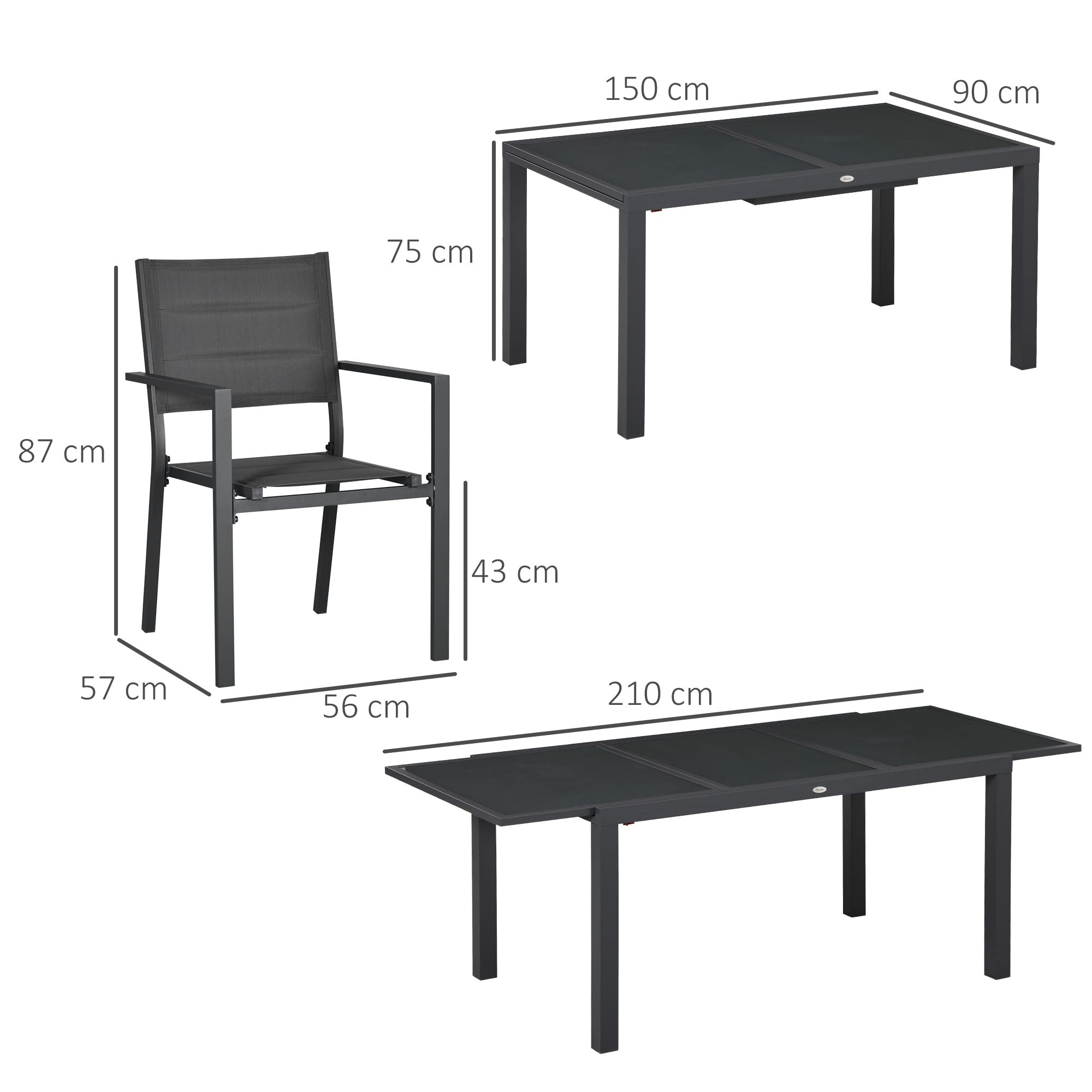 Outsunny Set Tavolo e Sedie da Giardino 7 Pezzi, Alluminio, Tavolo Rettangolare Allungabile, 6 Sedie Impilabili Texteline, Grigio Scuro