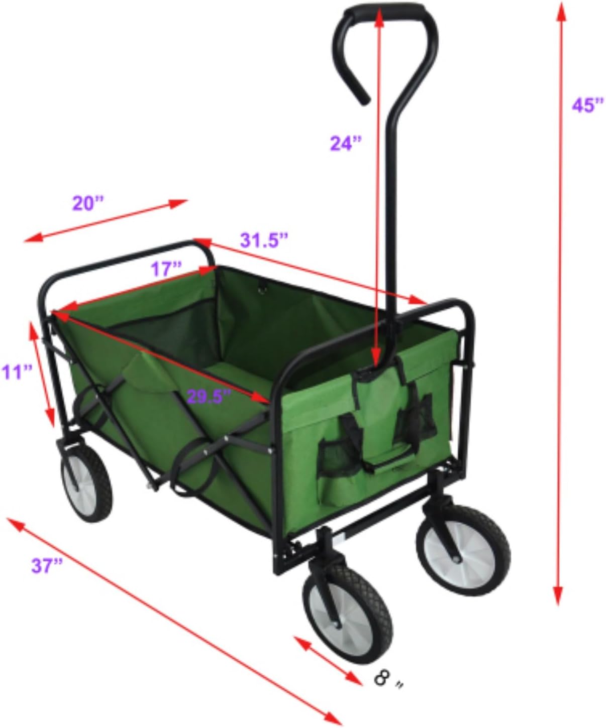 Outdoor Collapsible Wagon Cart Heavy Duty Utility Garden Beach Cart with Side Pockets for Shopping, Camping, Garden, Green