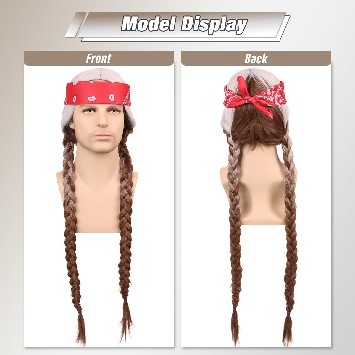 FantaLook Long Silvery Grey and Brown 2 Pigtail Wig with Bandana Beard for Men Halloween Costume