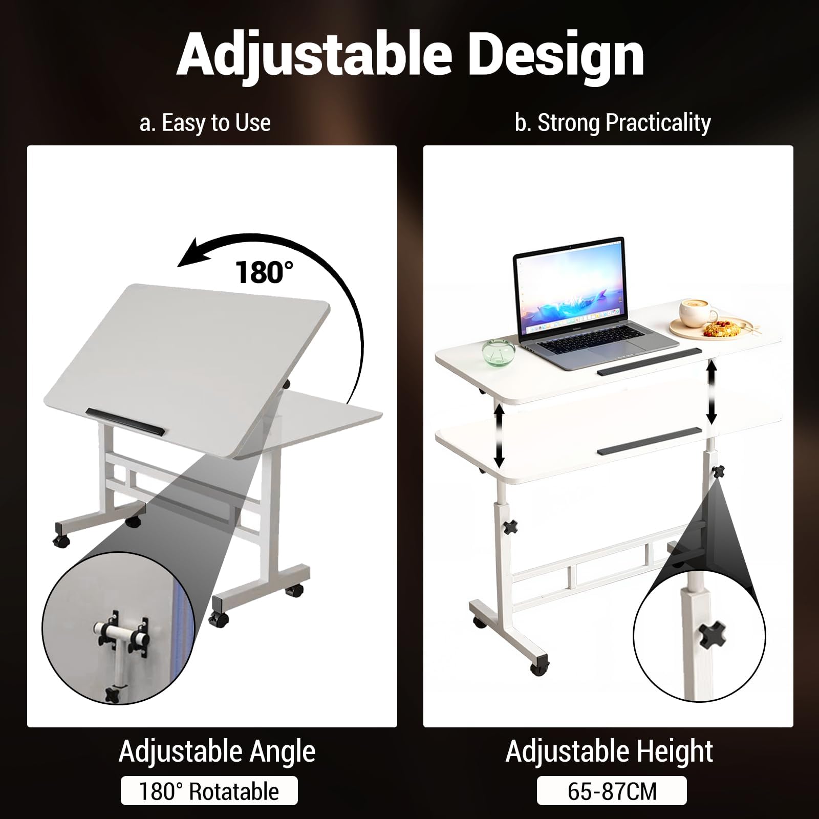 GarveeHome Bureau d’Ordinateur Mobile Assis-Debout sur roulettes verrouillables, Hauteur réglable 65-87 cm, Plateau inclinable, Pliable Gain de Place, 60 x 40 cm, White 60 * 40CM
