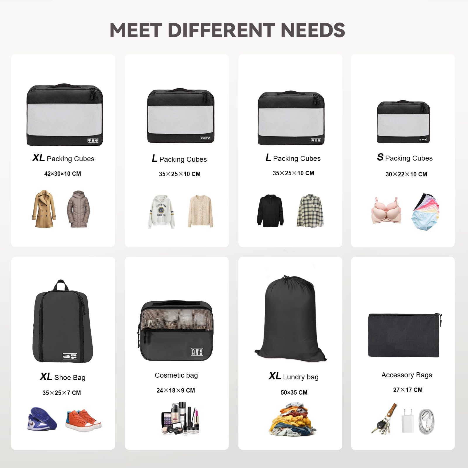 MURISE Organizer Valigia Salvaspazio, Organizer per Valigie 8 Pezzi per Viaggi e Vacanze, Packing Cubes con Borsa per Scarpe e Borsa per Cosmetici, Travel Essentials, Nero