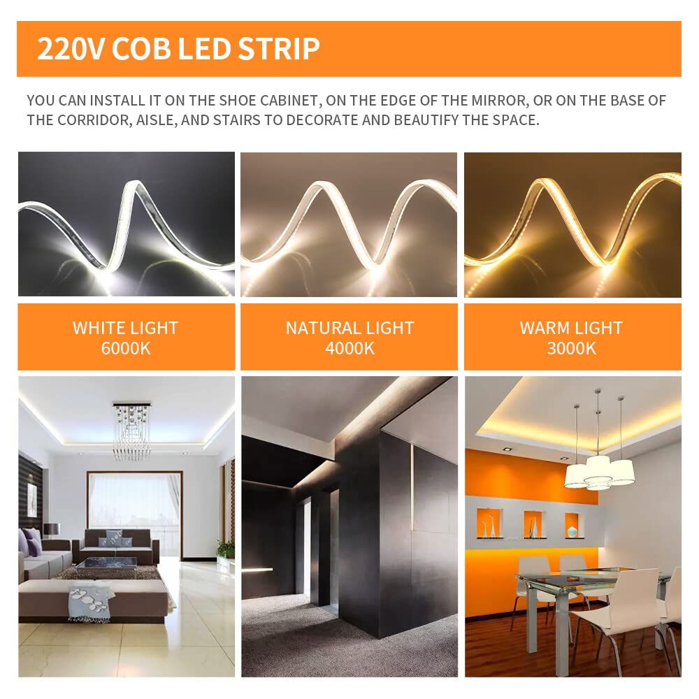 25m blanco 6000K tira de luces LED COB recortable, AC220V, flexible e impermeable, diseño DIY, para dormitorios, salones, salas de juegos, cocinas, fiestas y decoración de tiendas