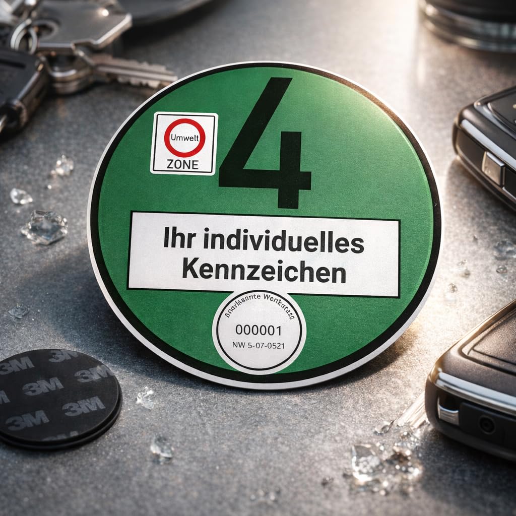 Offizielle Grüne Umweltplakette Euro 4–6 – Feinstaubplakette für Umweltzonen, mit individueller Kennzeicheneintragung, AU-Werkstatt-zertifiziert