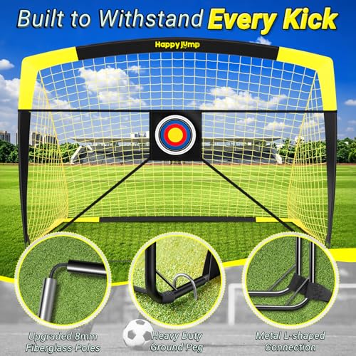 Happy Jump Pop-Up Fußballtore – 213x152 cm, 2 Tore, Schwarz Gelb mit Ball, Pumpe, Hütchen & Zielscheibe | Komplettes Training-Set für Garten & Familie