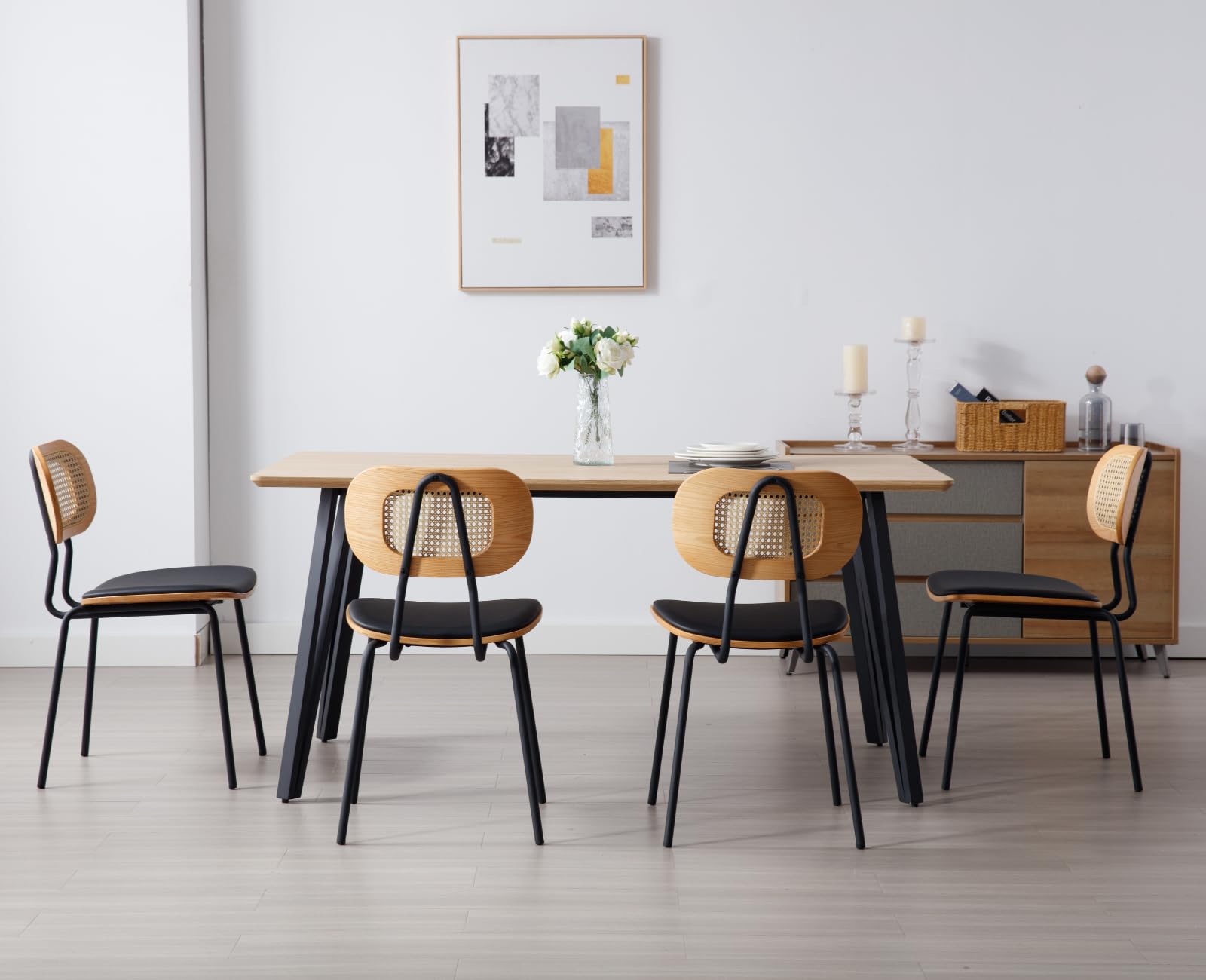 Ya-Home Rattan Esszimmerstühle 2er Set Rattanstuhl mit Metallbeinen Küchenstuhl aus Kunstleder Polsterstuhl für Esszimmer, Schwarz