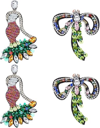 4 parches de lentejuelas de 2 estilos con lazo de diamantes de imitación, parches de cuentas de colores, parches de decoración para ropa, chaqueta,