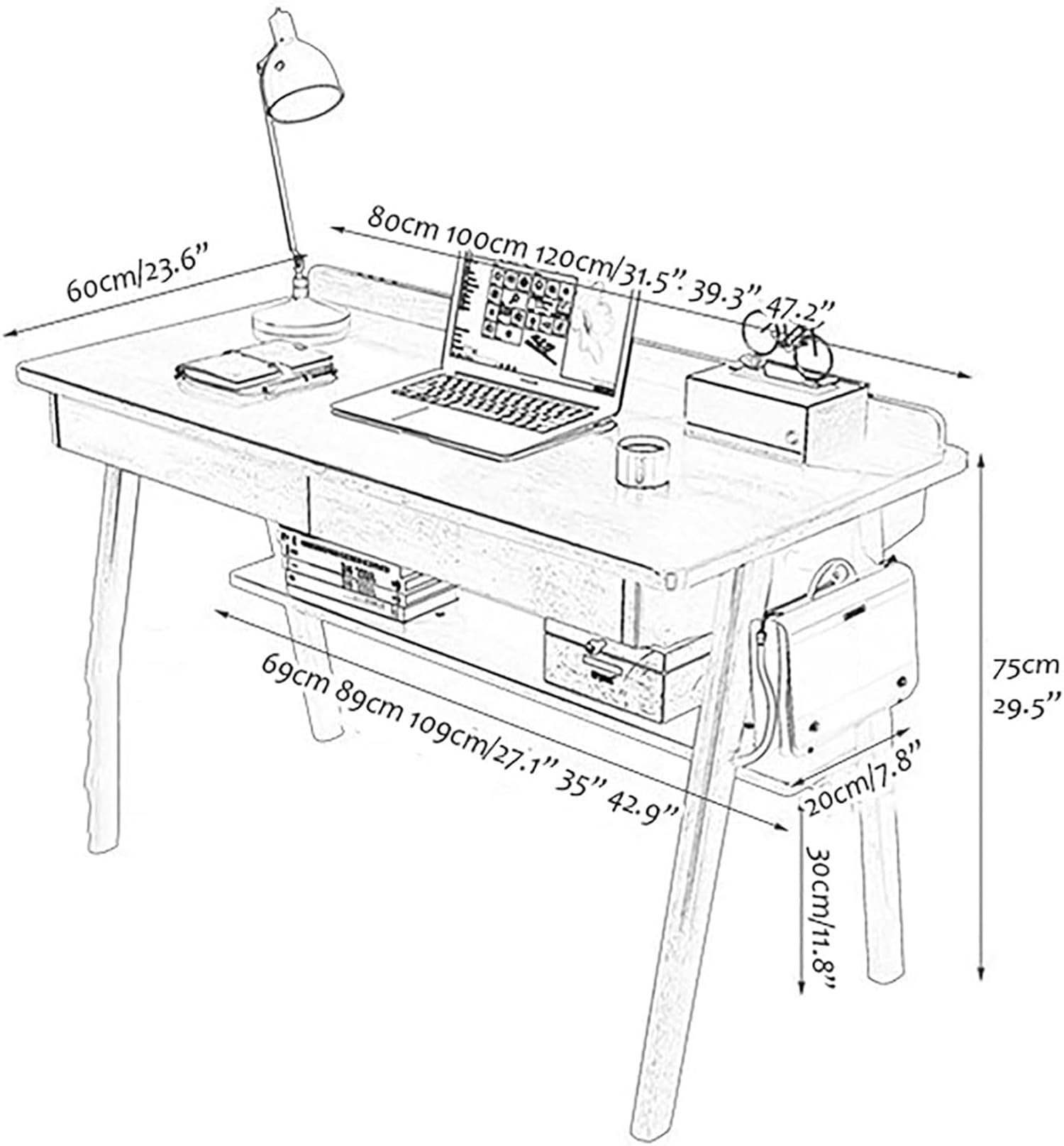 Biurko z drewna orzechowego z półkami Ders i Hoo - Home Office Study Table Writing and Work Desk 120 cm Nowoczesny drewniany design i