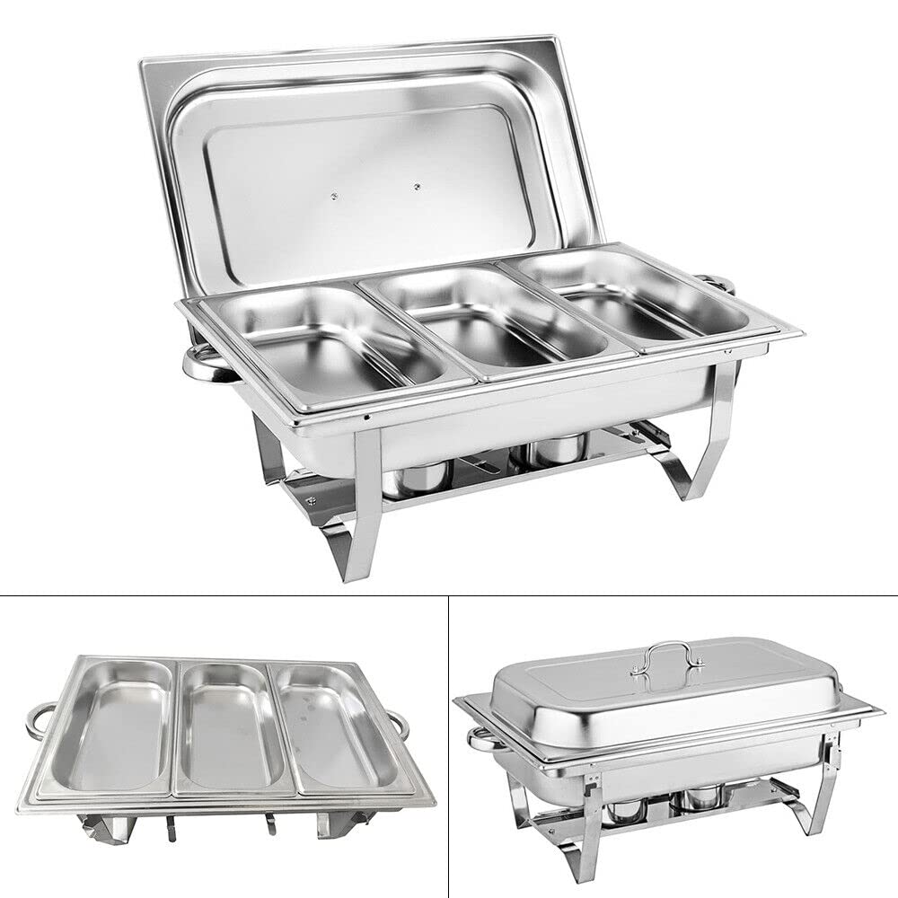 Set di scaldavivande in acciaio inox, 9 l, pieghevole, a 3 scomparti, per buffet, catering, feste, matrimoni, aree colazione