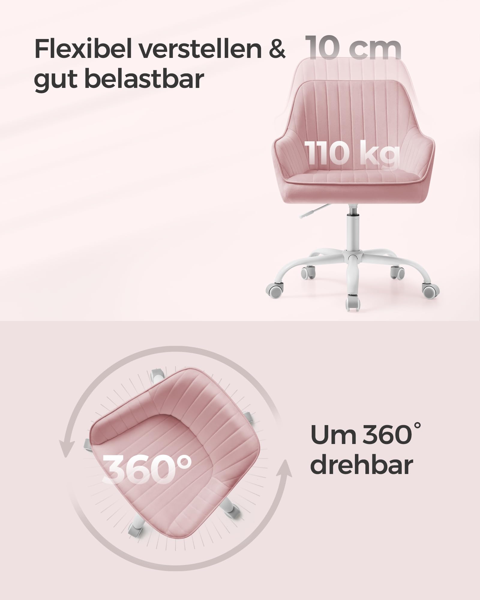 SONGMICS Bürostuhl, Drehstuhl mit Samtbezug, Schaumstoffpolsterung, höhenverstellbar, für Arbeitszimmer, Bar, pastellrosa OBG012R01